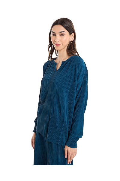 R&B Pleated Top with Split Neck and Long Sleeves