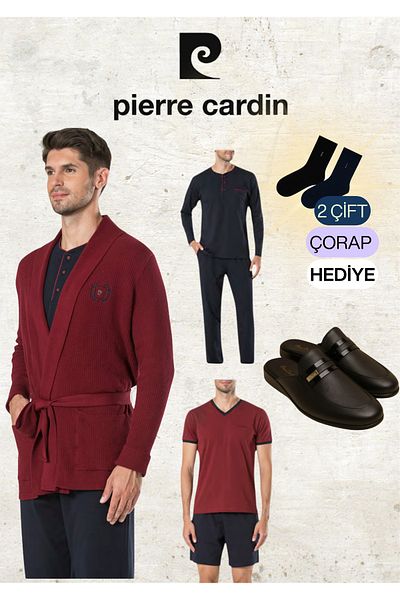 Pierre Cardin 5 Piece Knitwear Robdöşambr & Long Sleeve - Short Sleeve Combed Cotton Pajama Set & Leather Slippers