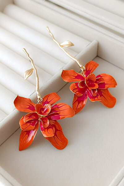 COSİTA Turuncu Çiçek Sallantılı Yaprak Detaylı Marka Model Vintage Uzun Büyük Küpe