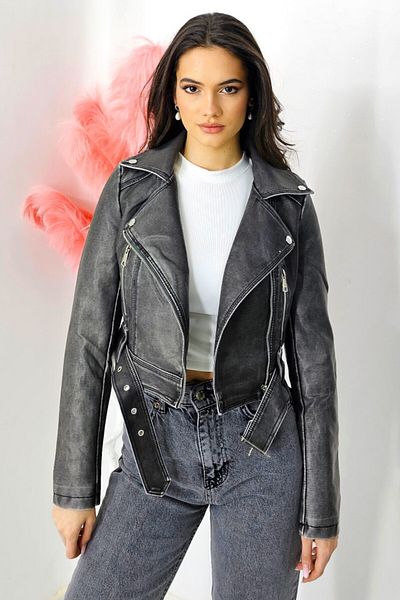 FashionForYou Costa Rika short jacket, made of -leather, with side zipper and decorative belt, Gray, XL