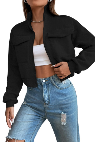 CLAYES Жіночий чорний укорочений піджак з кишенями та високим коміром