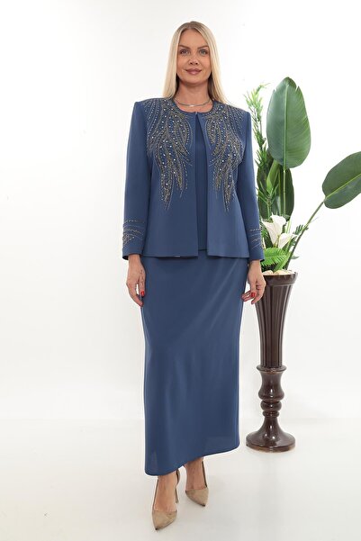 MİSS DİAMOND سترة أنيقة مزينة بالأحجار مع فتحة مغلقة باللون الأزرق بطول يصل إ...