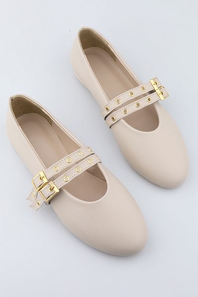 moon glow Beige Cream Color Studded Double Buckle Women's Ballerinas |   Daily Comfortable Flat Sole Mary Jane Shoes Fashion