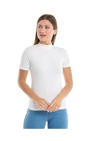 R&B Ribbed Top with Mock Neck and Short Sleeves
