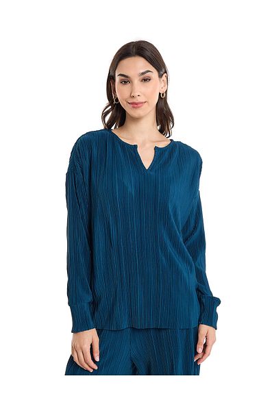 R&B Pleated Top with Split Neck and Long Sleeves