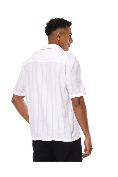 R&B Striped Shirt with Revere Collar and Short Sleeves