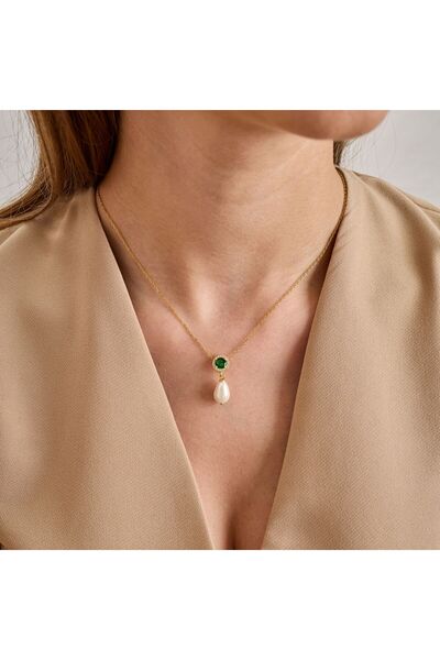 GOWA DESIGN Altın Kaplama 925 Ayar Gümüş El Yapımı Emerald Taşlı ve İnci Deta...