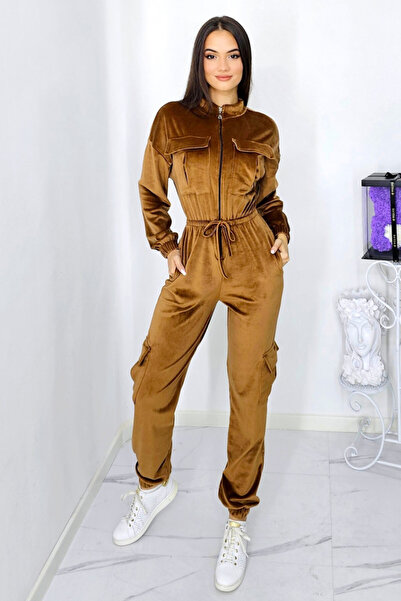 FashionForYou Ximena velvet jumpsuit, with drawstring waist and oversized pockets, Brown