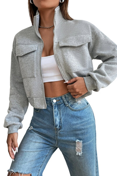 CLAYES Kadın Dik Yaka Cepli Gri Crop Ceket