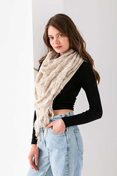 VEGA MODA وشاح تريكو مثلث للسيدات - وشاح مثلث بنمط محبوك وشرابة