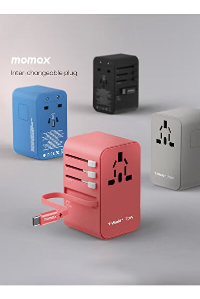 Momax UA18 1-World 70W GaN 3 Ports + Multi Plug Travel Adapter Multi Volt 100-250V - Black