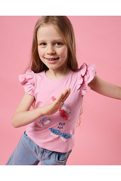 R&B Sequined Top with Crew Neck and Ruffle Sleeves