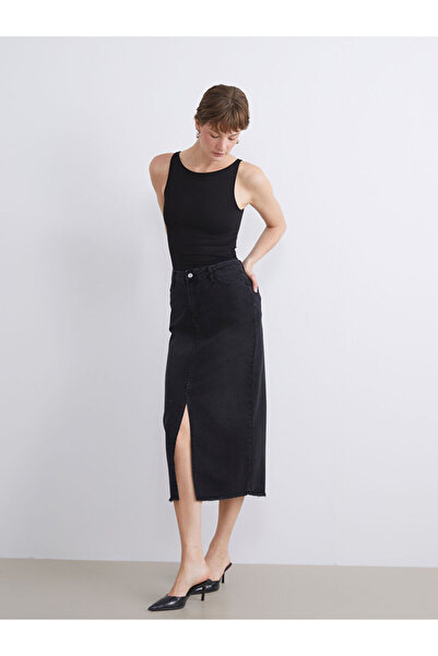 LC Waikiki Black Standard Fit Slit Jean Skirt