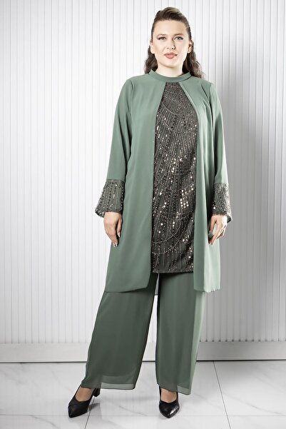 SUBU TASARIM Chiffon Sandy Stone Embroidered Plus Size Hijab Evening Dress Blouse Pants Suit Tbs962