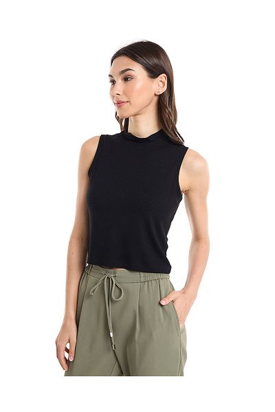 R&B Ribbed Sleeveless Top with High Neck