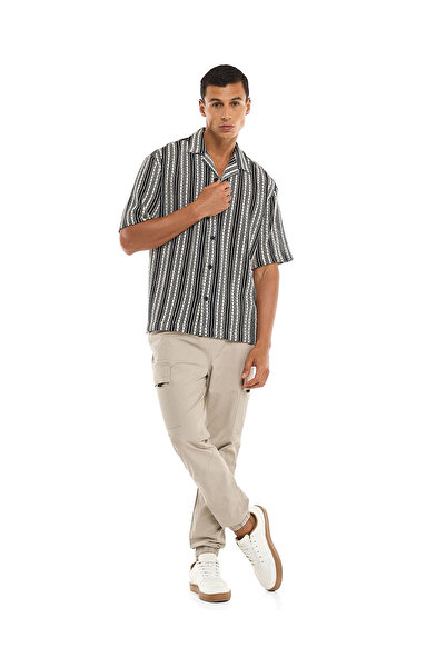 R&B Patterned Shirt with Revere Collar and Short Sleeves