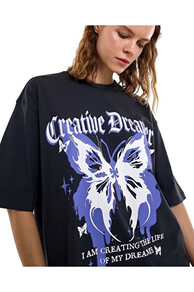 R&B Graphic Print Oversized T-Shirt with Crew Neck and Short Sleeves