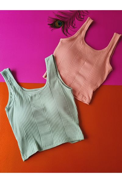 Demirsa Boutique Camisole Fabric Oval Neck 2-Piece Green, Powder Women's Fixed Pad Crop Blouse Tank Top