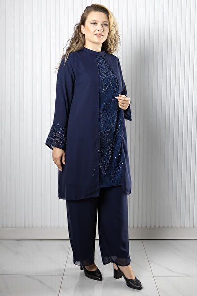 SUBU TASARIM Chiffon Sandy Stone Embroidered Plus Size Hijab Evening Dress Blouse Pants Suit Tbs962