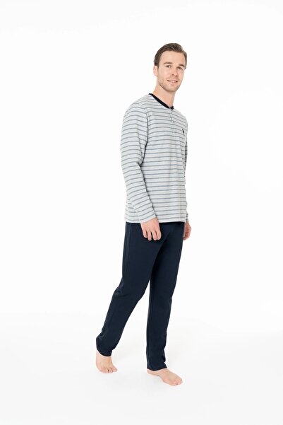 U.S. Polo Assn. Men's Pajamas Set, Pocket, Long Sleeve, Button Collar, Striped, Gray