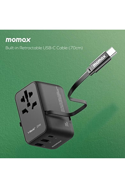 Momax UA20 1-World 25W GaN 3 Ports + Multi Plug Travel Adapter Multi Volt 100-240V -BLACK