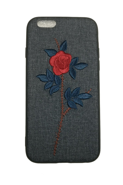 OEM Husă iPhone 6, trandafir brodată pe piele ecologică, neagră