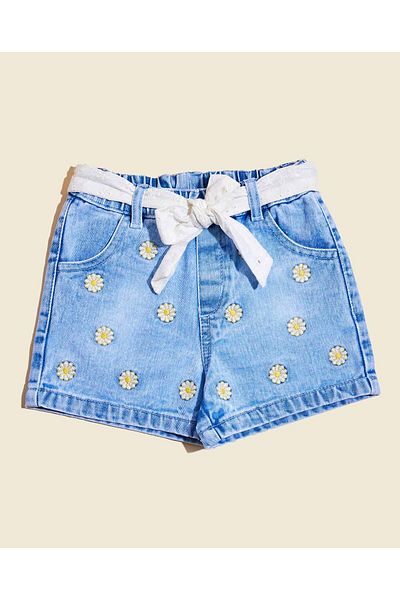 R&B Embroidered Denim Shorts with Button Closure