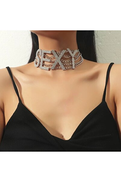 Flaner Paris Accessorize SEXY Harf Detaylı Gümüş Renk Çok Katmanlı Zincir Cho...