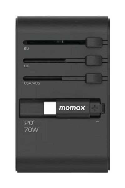 Momax UA18 1-World 70W GaN 3 Ports + Multi Plug Travel Adapter Multi Volt 100-250V - Black