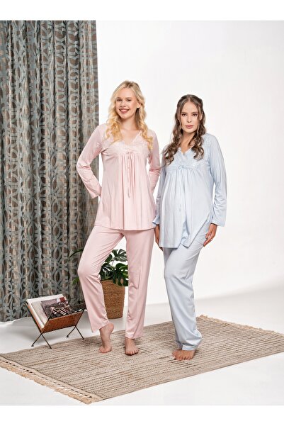 BLACKMORE Mavi Polar Sabahlıklı Delikli Tasarım Kışlık Lohusa Hamile Sabahlıklı 3'lü Pijama Takım Set