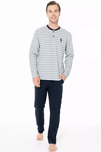 U.S. Polo Assn. Men's Pajamas Set, Pocket, Long Sleeve, Button Collar, Striped, Gray
