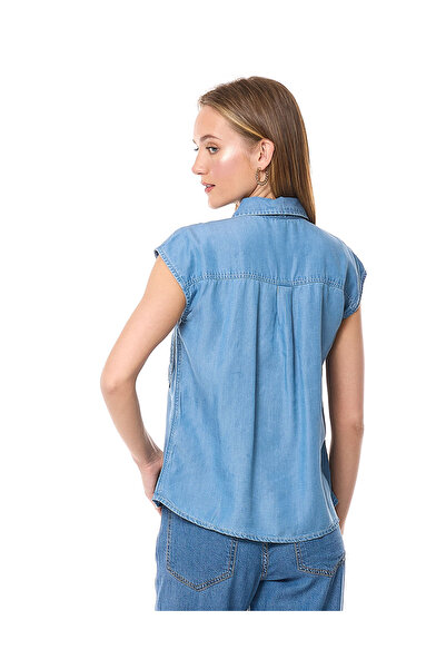 R&B Pocket Detail Denim Top with Classic Collar and Cap Sleeves