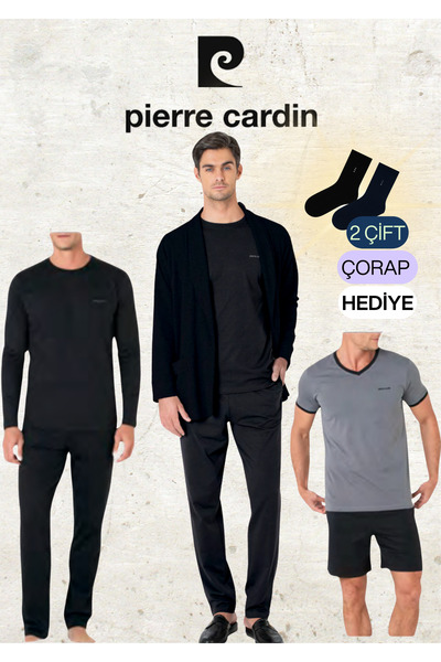 Pierre Cardin 5 Pieces 100% Cotton Robdöşambr & Long Sleeve - Short Sleeve Combed Cotton Pajama Set (2 Gift Socks)
