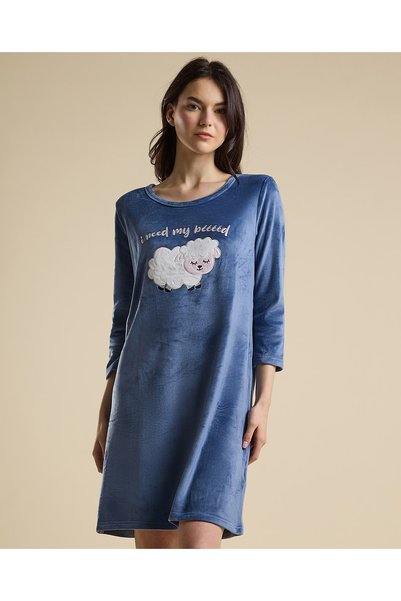 R&B Printed Nightdress with Crew Neck and 3/4 Sleeves