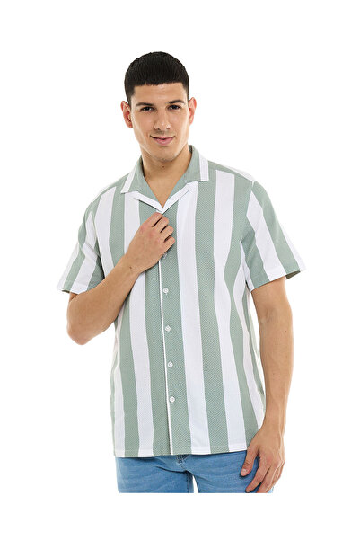 R&B Striped Shirt with Revere Collar and Short Sleeves
