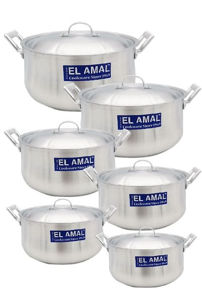 ELAMAL Amal aluminum cookware set, consisting of 6 pots with two handles, Egyptian-made, sizes 16/18/20/22/24/26 cm