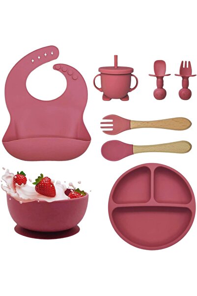 Brivoo® Set de diversificare pentru bebeluși din silicon, Brivoo, farfurie cu ventuză, bol, roz deschis