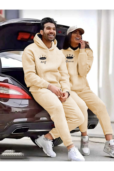 MEİLİFENG Sevgili Çift Kombini Üç iplik King Ve Queen Baskılı Alt-Üst Eşofman Takımı 2'li Set