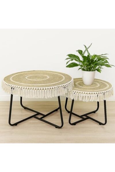 genric FFD Set of 2 Jute Nesting Tables with Metal Frame – Boho Chic Coffee Tables, Natural Jute Top