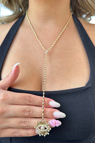 TAKIŞTIR قلادة على شكل حرف Y على شكل عين ذهبية اللون