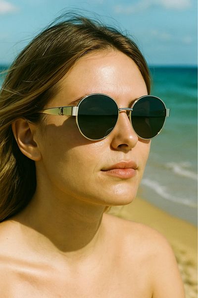 LAALUNA Vintage Round Metal Sunglasses with Wide Silver Temples