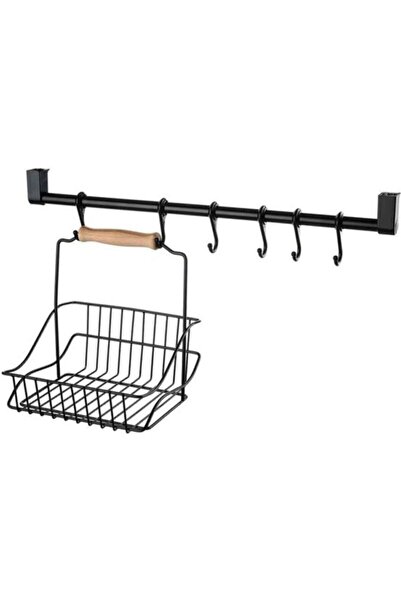 Mikasso Duvar Rayı Askılık Siyah Askı Mutfak Askısı Sepetli Askılık Metal Siyah