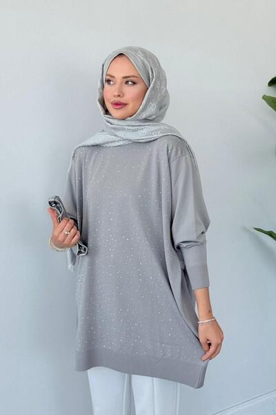 Hazamoda Movi Taşlı Merserize Tunik Gri