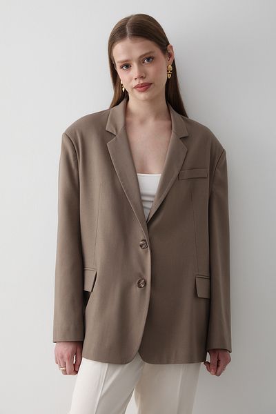 JASTE Women's Khaki Button Detailed Oversize Blazer Jacket