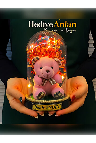 HALL BREATHE Özel İsimli Işıklı Fanus, Çiçekli ve Peluş Ayıcık ile Hoş Sürpriz