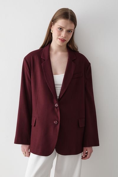 JASTE Women's Burgundy Button Detailed Oversize Blazer Jacket