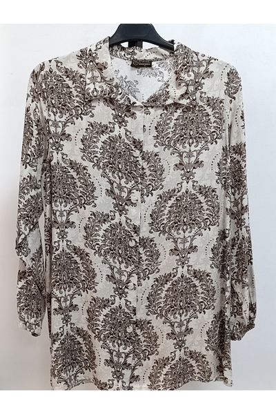 AKŞEN GİYİM Large Size 100% Cotton Viscose Ethnic Pattern Long Sleeve Shirt in 80 cm Length