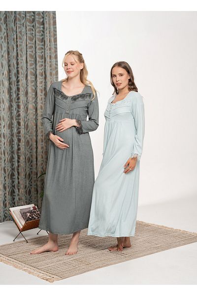 BLACKMORE Mint Green Lace Cotton Battal (Plus Size) Long Sleeve Melissa Nightgown