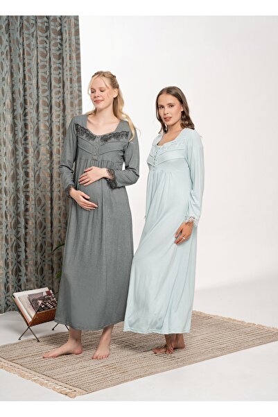 BLACKMORE Dark Green Lace Cotton Battal (Plus Size) Long Sleeve Melissa Nightgown