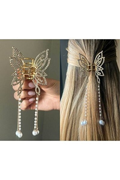 Efna Store موديل فراشة كبيرة مرصعة بحجر الزركون اللؤلؤي لون ذهبي 7 سم مشبك مع...